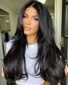 Black Long Layers Hair, Black Hair With Long Layers And Face Framing, Long Black Hair With Face Framing Layers, Black Hair Lots Of Layers, Long Black Hair With Layers Round Faces, Latina Layered Hair, Dark Brown Long Layers, Black Hair Face Framing Layers, Black Hair With Long Layers