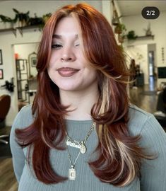 Full Head Copper Highlights, Fall Hair Curly Color, Burgundy Hair With Skunk Stripe, Brown Red And Orange Hair, Professional Dyed Hair, Cowboy Copper Hair Brunette With Money Piece, Red Hair Chunky Blonde Highlights, Copper Calico Hair, Red Black Blonde Highlights