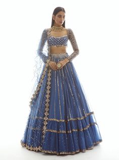 Vvani By Vani Vats | Dull Blue Linear Drop Tier Lehenga | INDIASPOPUP.COM