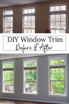 the before and after pictures of windows in a house with text overlay that reads diy window trim before and after