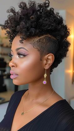 Trendy Textures: 30 Short Hairstyle Ideas for Round Faces Short Hair Style For Black Women Natural Shaved Sides, Short Natural Hairstyles For Black Women Tapered Shaved Sides, Temp Fade Haircut Women, Tapered Frohawk, Texturized Short Hair, Shaved Sides Curly Hair, Natural Hair Shaved Sides, Curly Short Hair Ideas, Frohawk Natural Hair