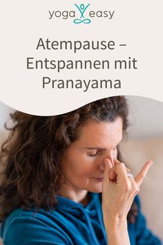 a woman holding her hand up to her nose with the words yoga easy in front of her