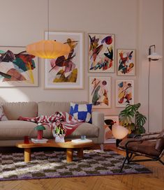 a living room filled with furniture and pictures on the wall above it's coffee table