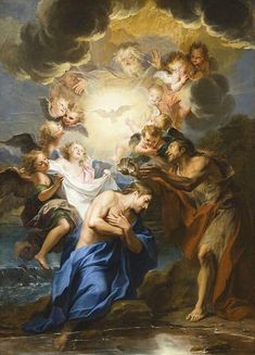 an image of the birth of jesus with angels in the sky above it and other people around