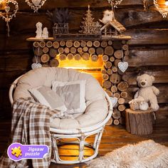 a teddy bear sitting in a chair next to a fire place with logs on the wall