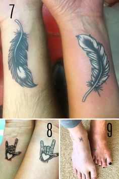 four different tattoos on the legs and feet, one with a bird's feather