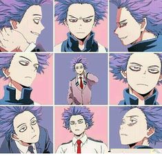 an anime character with purple hair and blue eyes, wearing a suit while looking at the camera