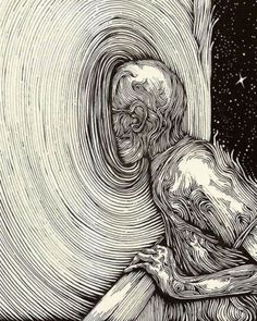 a drawing of a person sitting in front of a star filled sky