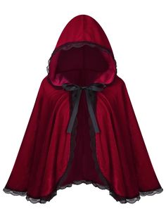 a red cape with black lace trims on the bottom and hoodie over it