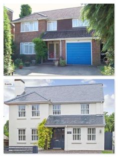 two pictures of a house with blue garage doors