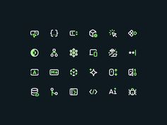 a set of green and white icons on a black background, including buttons, arrows, numbers, symbols, and more