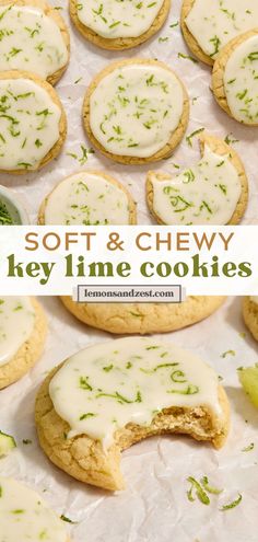 soft and chewy key lime cookies with white icing on top are shown in the foreground