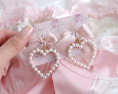 Angelic Blush Champagne Bow Pearl Heart Earrings (Dangle / Clip On no pierced ) , Super Cute Jewelry Elegance Princess ♡ heart approx 3.8cm Heart Jewelry Aesthetic, Gyaru Earrings, Pink Wedding Accessories, Coquette Valentines, Women's Party Wear, Pearl Heart Earrings, Pink Heart Jewelry, Princess Accessories, Jewelry Kawaii