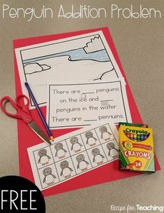 the penguin addition problem worksheet is shown with scissors and pencils next to it