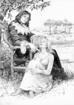 a drawing of two people sitting on a chair in the grass, one is looking up at