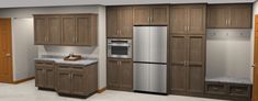 a kitchen with wooden cabinets and stainless steel appliances