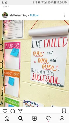 a bulletin board with writing on it and notes pinned to the wall behind it that says i've failed over and over