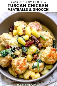 Nothing compares to Slow Cooker Tuscan Chicken Meatballs and Gnocchi. You can also make them in a skillet; either way, they are the epitome of comfort food to love. This is the perfect comforting winter recipe for an easy dinner recipe. Tuscan Meatballs, Slow Cooker Tuscan Chicken, Gnocchi Easy, Sailor Bailey, Gourmet Pasta, Easy Healthy Lunch Recipes, Easy Healthy Lunch, Chicken Meatball, Easy Healthy Lunches