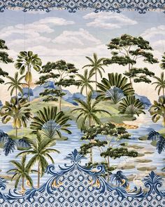 an image of a tropical scene with palm trees and mountains in the background on a wallpaper