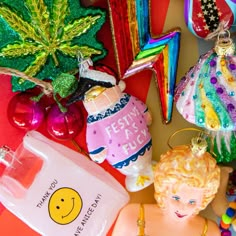 various christmas ornaments and decorations on a table