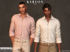 two male models are standing next to each other wearing white shirts and khaki pants