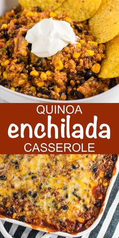 an enchilada casserole with tortilla chips and sour cream on top