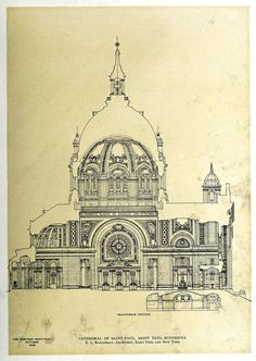 an architectural drawing of a building with a dome on the top floor and two spires above it