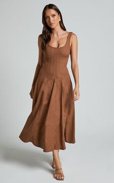 Adelyn Midi Dress - Square Neck Sleeveless A Line Dress in Tobacco A Line Dress Outfit, Midi A Line Dress, Frock Design, Line Dress, Dress Silhouette, Dress Outfit, Dance Floor, Feel Confident, Square Neckline