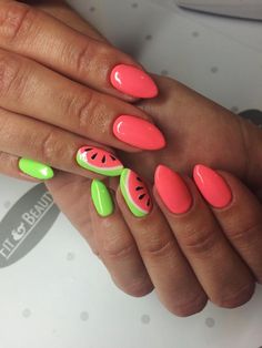 Watermelon Nail Designs, Watermelon Nail Art, Fruit Nail Designs, Nexgen Nails, Bridesmaids Nails, Watermelon Nails, Happy Nails, Long Square Acrylic Nails