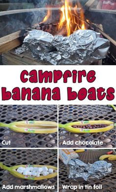 campfire banana boats with marshmallows in tin foil on the bbq