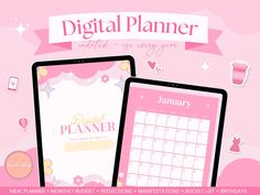 two ipads sitting next to each other in front of a pink background with the words, digital planner