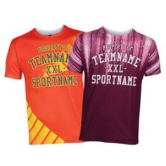 three different colored t - shirts with the words team name and number printed on them