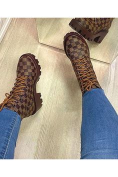 Style:Fashion, StylishItem:BootsUpper Material:Faux LeatherToe:Round ToeClosure Type:shoelace Chunky Sole Boots, Ankle Strap Chunky Heels, Sole Boots, Zipper Heels, Brown Shoes, Checkerboard Pattern, Lace Up Heels, Fall Fashion Outfits, Wedge Boots