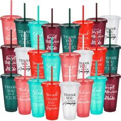 many different colored plastic cups with straws in them and thank you mom written on the lids