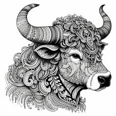 the head of a bull with intricate patterns on it's face and horns, as well as an ornamental ornament pattern