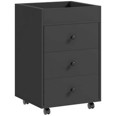 a black cabinet with three drawers and wheels on the bottom half is shown in front of a white background