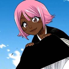 an anime character with pink hair and big eyes looking at the camera while standing in front of a blue sky