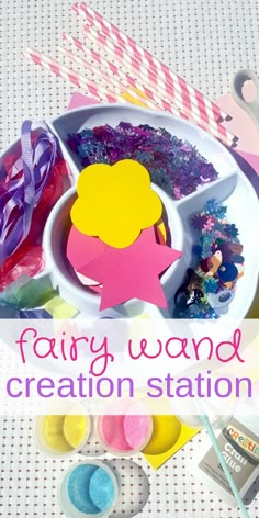 there is a white plate with scissors and other craft supplies on it that says fairy wands creation station