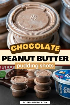 chocolate peanut butter pudding shots with text overlay