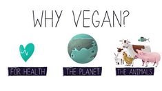 an image of vegan for health and the planet with animals around it that says, why vegan?