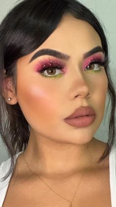 Best Nails Design Ideas, Pink Eye Makeup For Green Eyes, Pink And Green Fairy Makeup Looks, Peach And Green Eye Makeup, Karol G Eyeshadow, Pink And Green Smokey Eye, Morphe Avani Gregg Looks, Wicked Makeup Looks Pink, Lime Green And Pink Eye Makeup