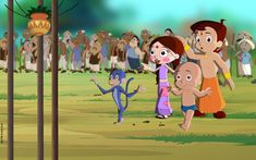 cartoon characters are standing in front of a group of people