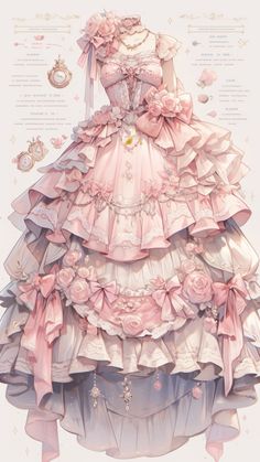 a drawing of a pink dress with ruffled layers and flowers on the bustle