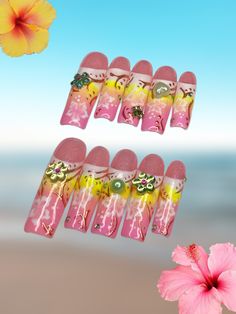 Gyaru Nails Yamanba Hibiscus Nails XXL Nails Airbrush Nails Ganguro Hibiscus Nail Art, Hibiscus Nails, Xxl Nails, Nails Airbrush, 2000s Nails, Gyaru Nails, Pink French Nails, Airbrush Nails, October Nails