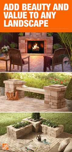 an outdoor fireplace and seating area with text overlay that reads add beauty and value to any landscape