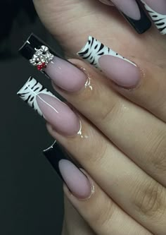 Nailz by nailzxlanii on ig Black nails, white nails, y2k nails, hello kitty, zebra nails, cute nails, nails inspo Nails Ideas White And Black, Black Y2k Acrylic Nails, Acrylic Nails Ideas Black And White, Zebra Hello Kitty Nails, Y2k Nails White And Black, Nail Inspo Acrylic White, Black And White Hello Kitty Nails, Black Nail Designs Y2k, Black And White Zebra Nails