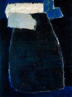 an abstract painting with blue, white and black colors