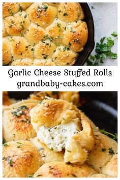 garlic cheese stuffed rolls in a cast iron skillet