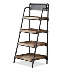 a metal and wood shelf with four shelves