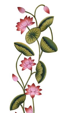 a drawing of pink flowers and leaves on a white background